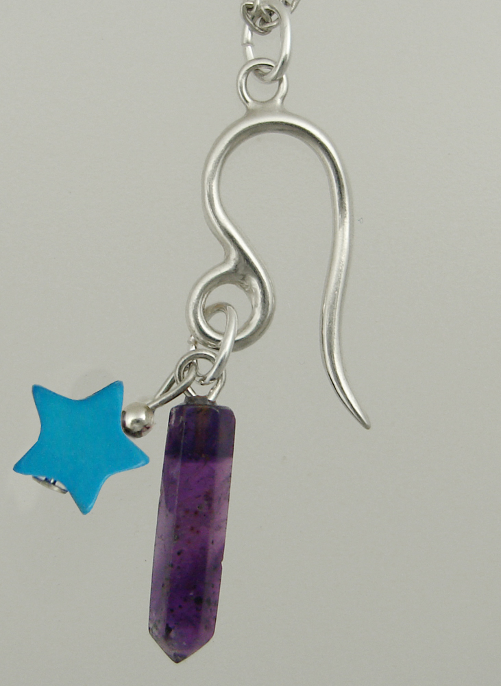 Sterling Silver Leo Pendant Necklace With an Amethyst Crystal And a Turquoise Star